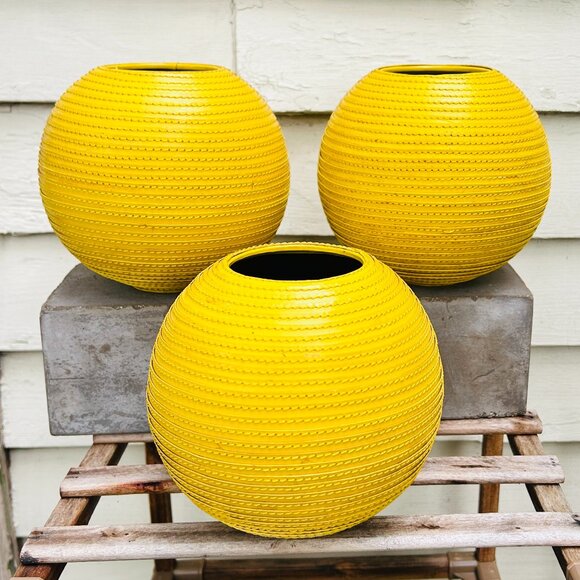 THREE Crate and Barrel Leather Spiral Wrapped Vase 6" Tall/ Wide Mustard Yellow - Picture 1 of 11